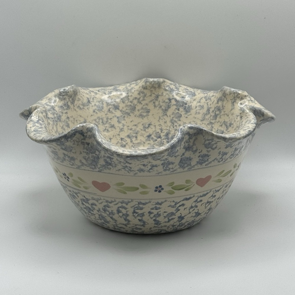 Marshall Pottery East Texas Spongeware Ruffled Bowl Blue Heart Folk Art 10.5"